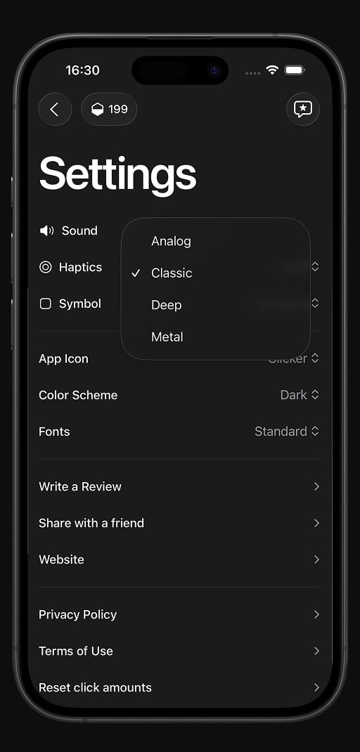 Klicker App Settings Screen
